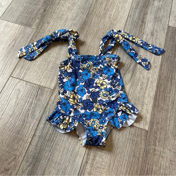 Floral Blue and Yellow Kids One-Piece Swimsuit Blue Floral Tie Strap Skirt 9-12M - Picture 4 of 12